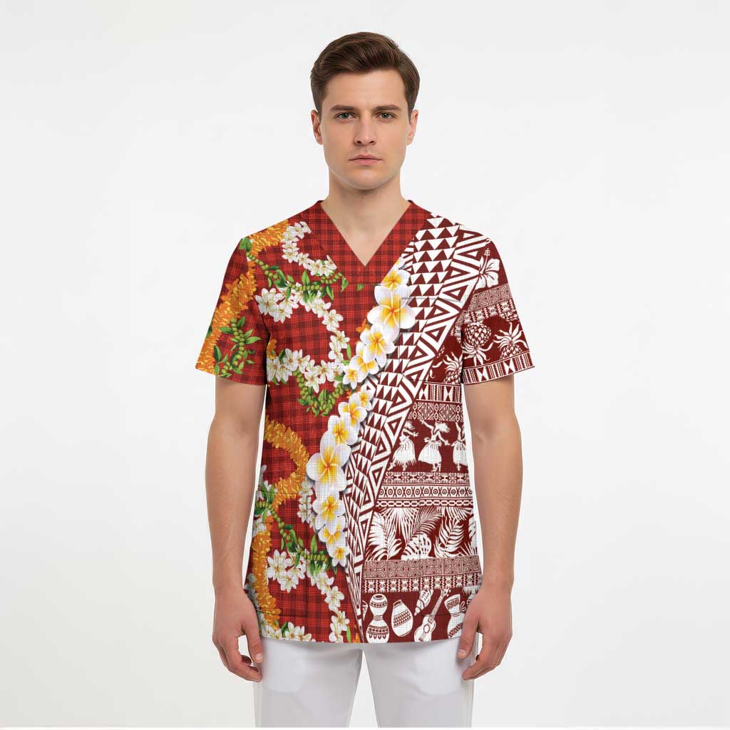 Hawaiian Plumeria Lei Scrub Top Kakau Motifs and Palaka Half Style Red Color LT03 - Polynesian Pride