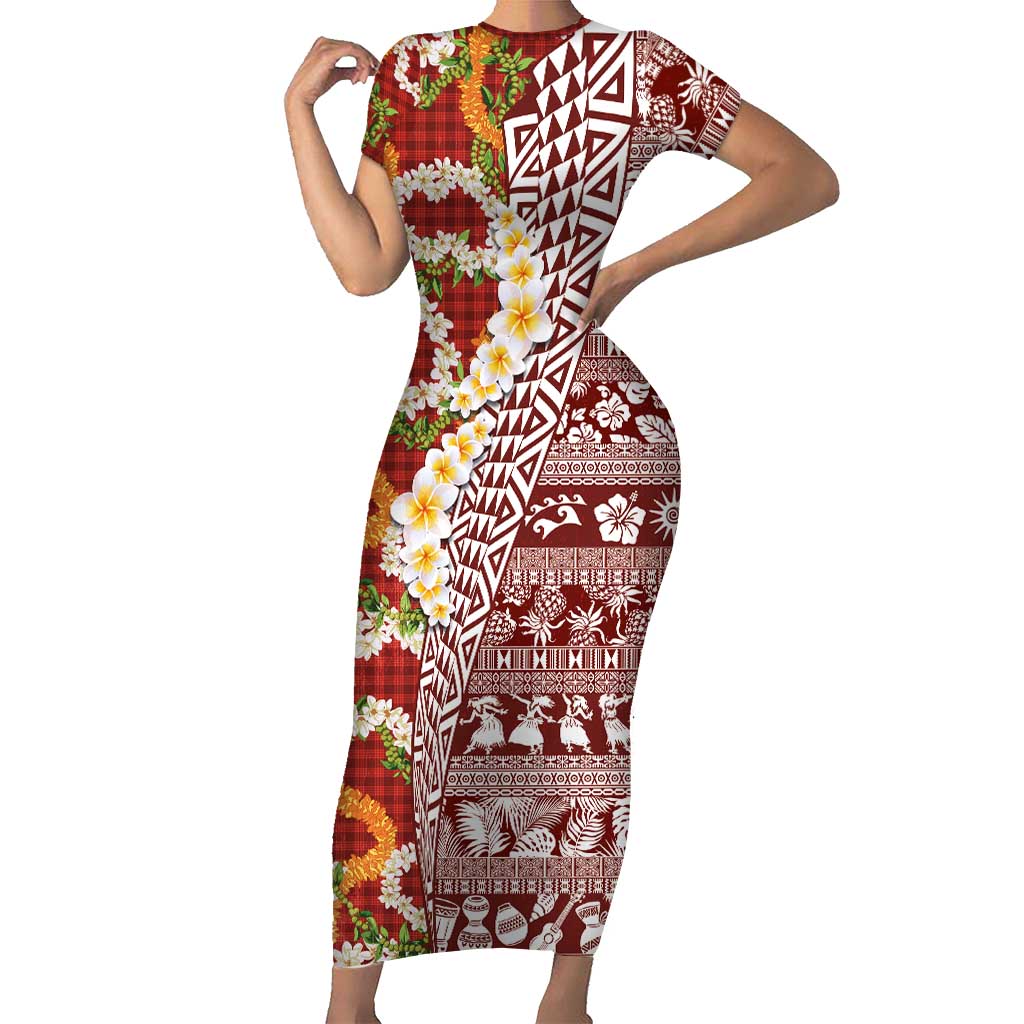 Hawaiian Plumeria Lei Short Sleeve Bodycon Dress Kakau Motifs and Palaka Half Style Red Color - Polynesian Pride