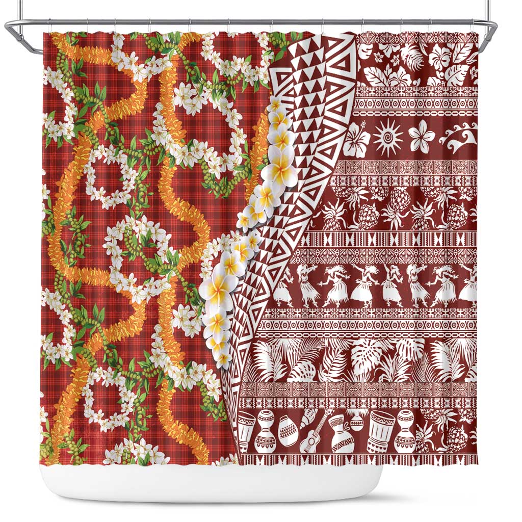 Hawaiian Plumeria Lei Shower Curtain Kakau Motifs and Palaka Half Style Red Color LT03 Red - Polynesian Pride