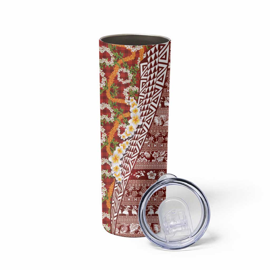 Hawaiian Plumeria Lei Skinny Tumbler Kakau Motifs and Palaka Half Style Red Color - Polynesian Pride