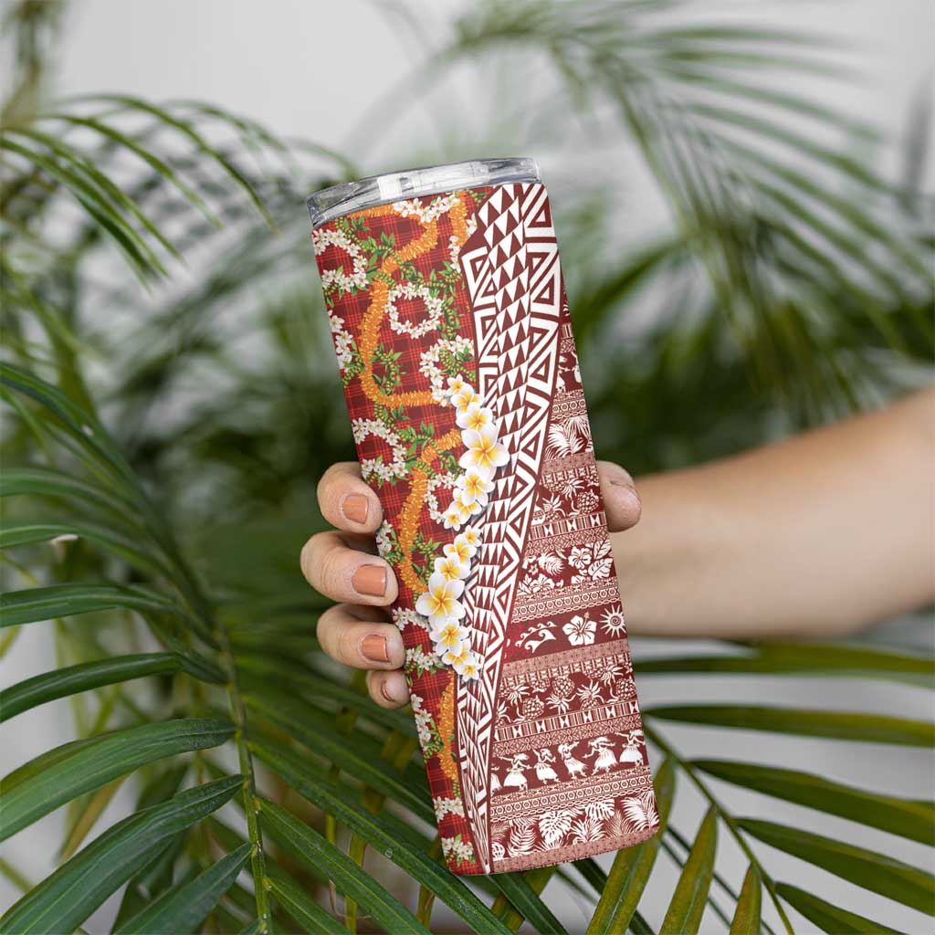Hawaiian Plumeria Lei Skinny Tumbler Kakau Motifs and Palaka Half Style Red Color - Polynesian Pride
