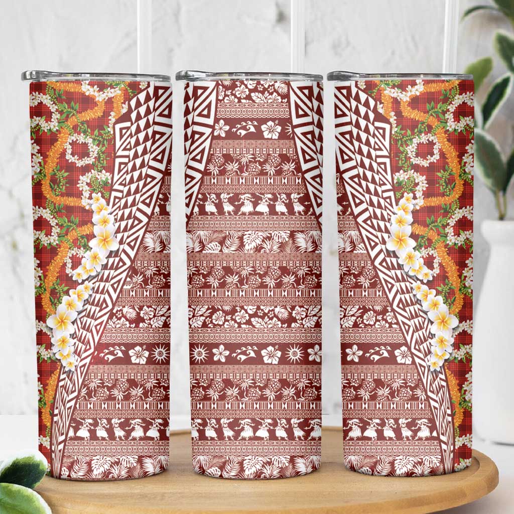 Hawaiian Plumeria Lei Skinny Tumbler Kakau Motifs and Palaka Half Style Red Color - Polynesian Pride