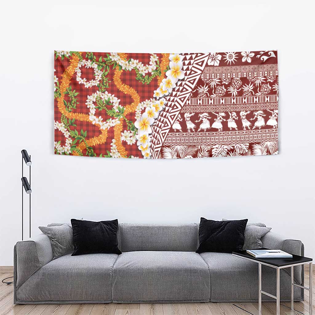 Hawaiian Plumeria Lei Tapestry Kakau Motifs and Palaka Half Style Red Color LT03 - Polynesian Pride