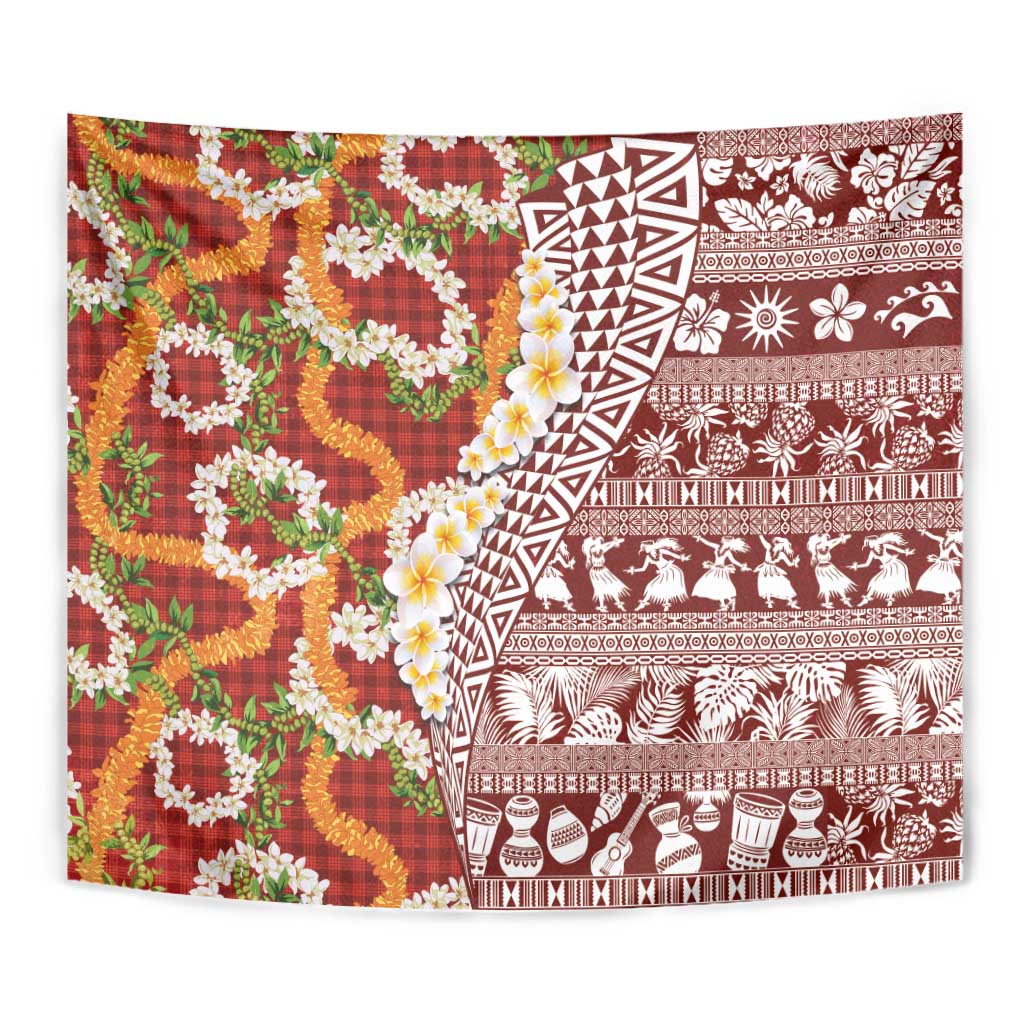 Hawaiian Plumeria Lei Tapestry Kakau Motifs and Palaka Half Style Red Color LT03 - Polynesian Pride