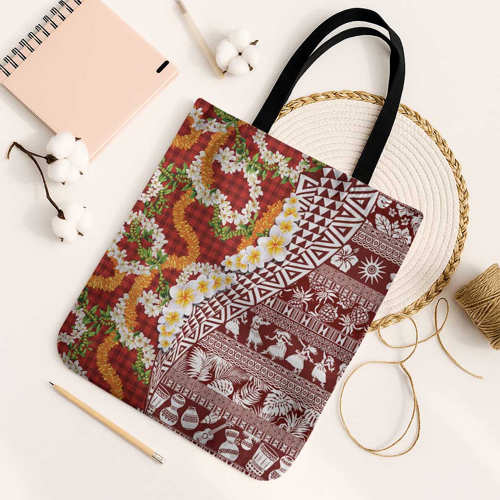 Hawaiian Plumeria Lei Tote Bag Kakau Motifs and Palaka Half Style Red Color - Polynesian Pride