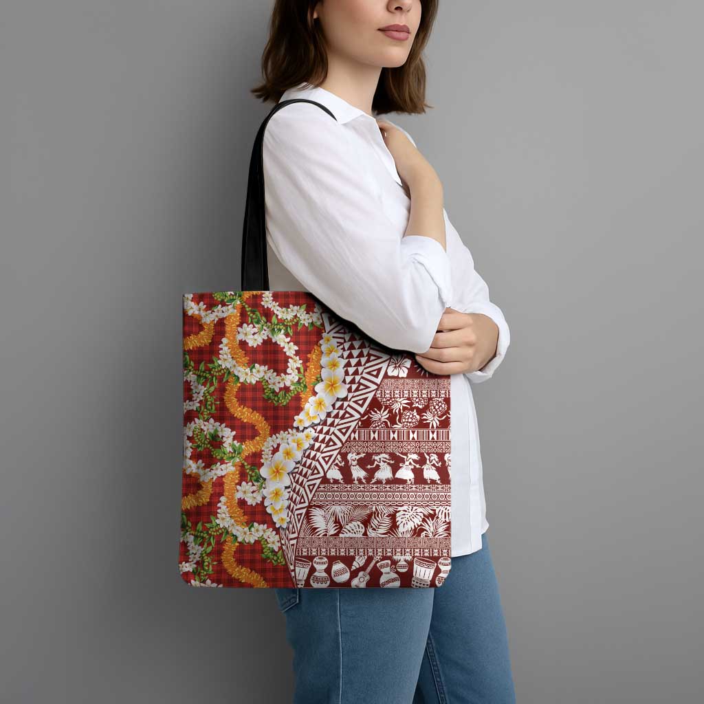 Hawaiian Plumeria Lei Tote Bag Kakau Motifs and Palaka Half Style Red Color - Polynesian Pride