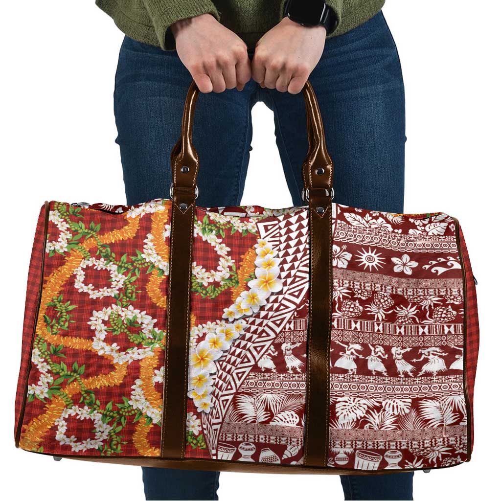 Hawaiian Plumeria Lei Travel Bag Kakau Motifs and Palaka Half Style Red Color - Polynesian Pride