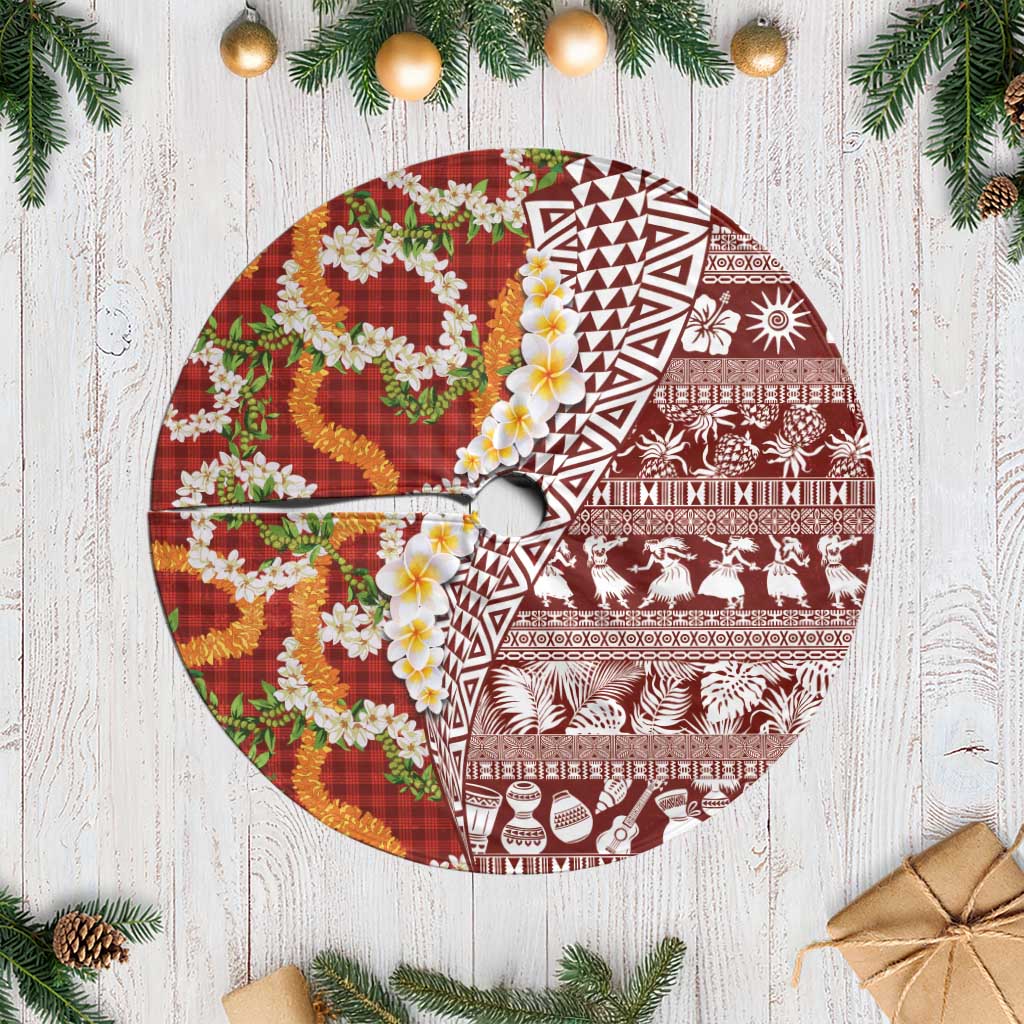 Hawaiian Plumeria Lei Tree Skirt Kakau Motifs and Palaka Half Style Red Color LT03 Casual Red - Polynesian Pride