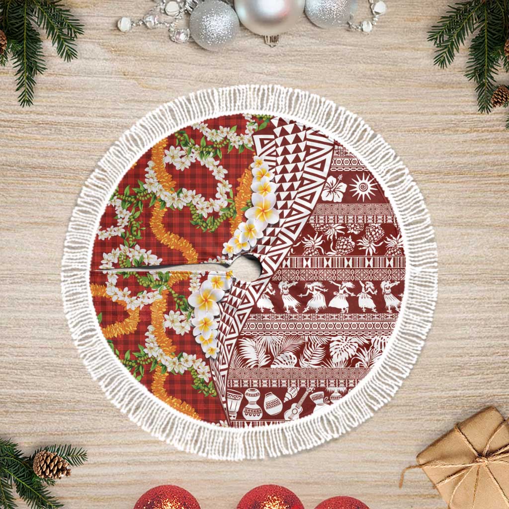Hawaiian Plumeria Lei Tree Skirt Kakau Motifs and Palaka Half Style Red Color LT03 Fringed Red - Polynesian Pride