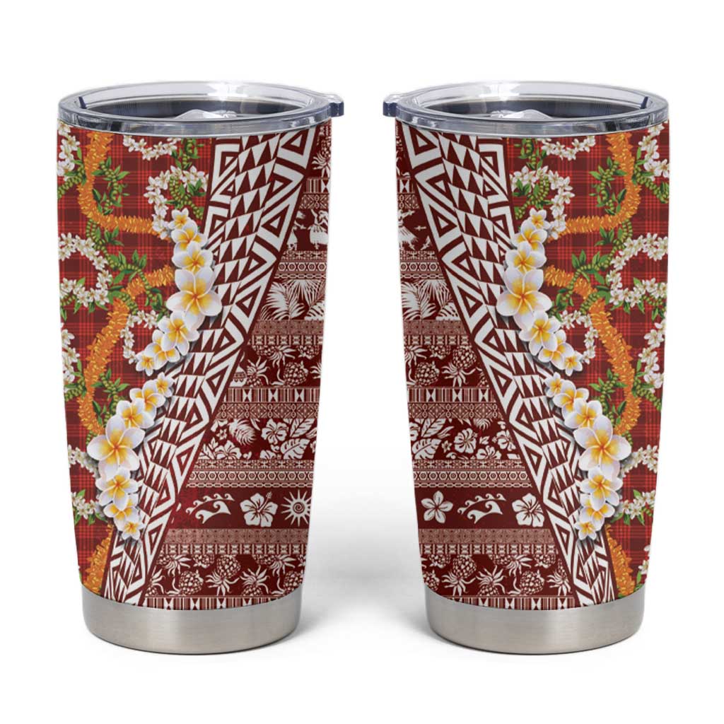 Hawaiian Plumeria Lei Tumbler Cup Kakau Motifs and Palaka Half Style Red Color LT03 Red - Polynesian Pride