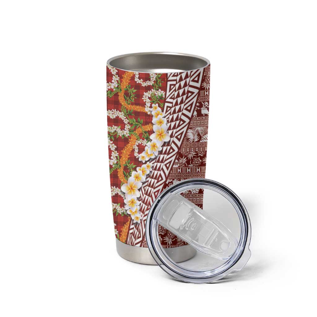 Hawaiian Plumeria Lei Tumbler Cup Kakau Motifs and Palaka Half Style Red Color LT03 - Polynesian Pride