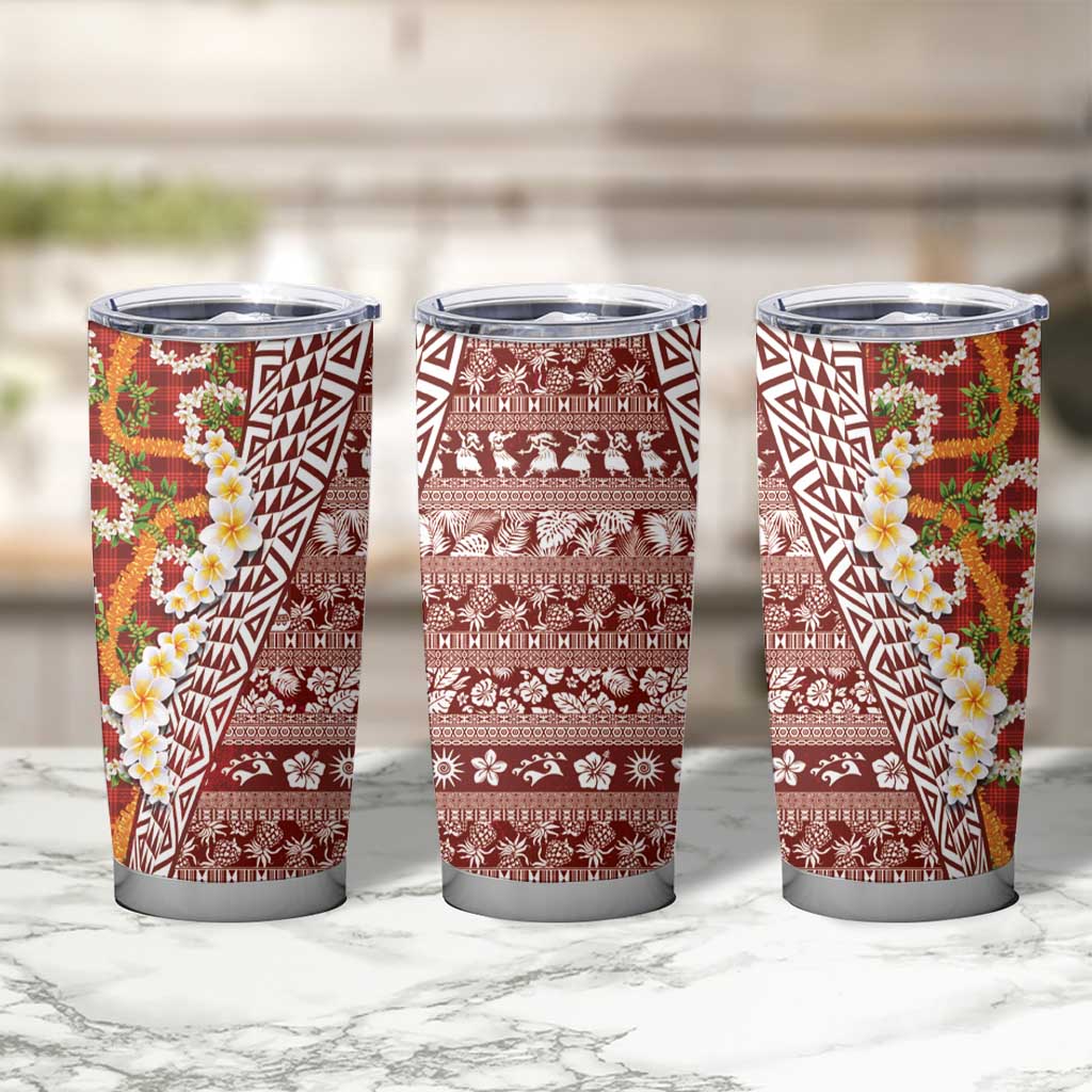 Hawaiian Plumeria Lei Tumbler Cup Kakau Motifs and Palaka Half Style Red Color LT03 - Polynesian Pride
