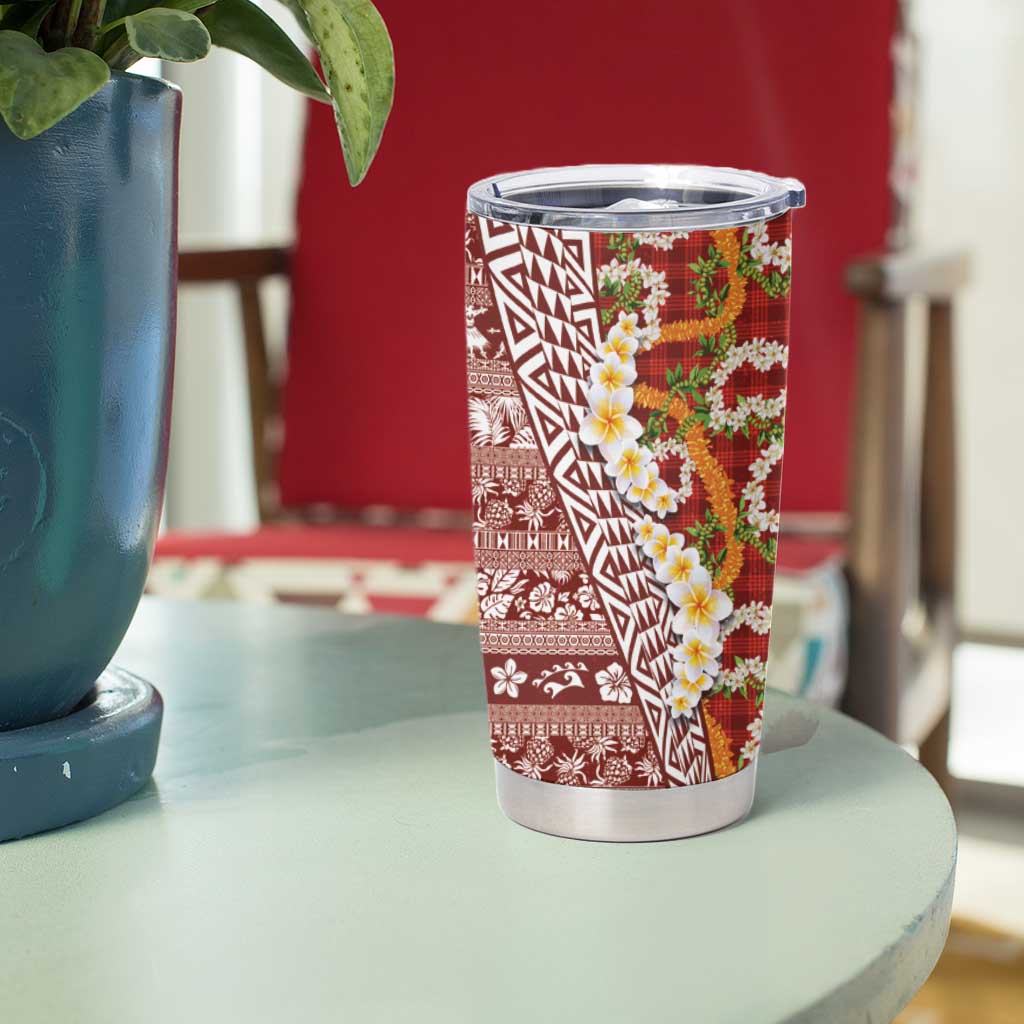 Hawaiian Plumeria Lei Tumbler Cup Kakau Motifs and Palaka Half Style Red Color LT03 - Polynesian Pride