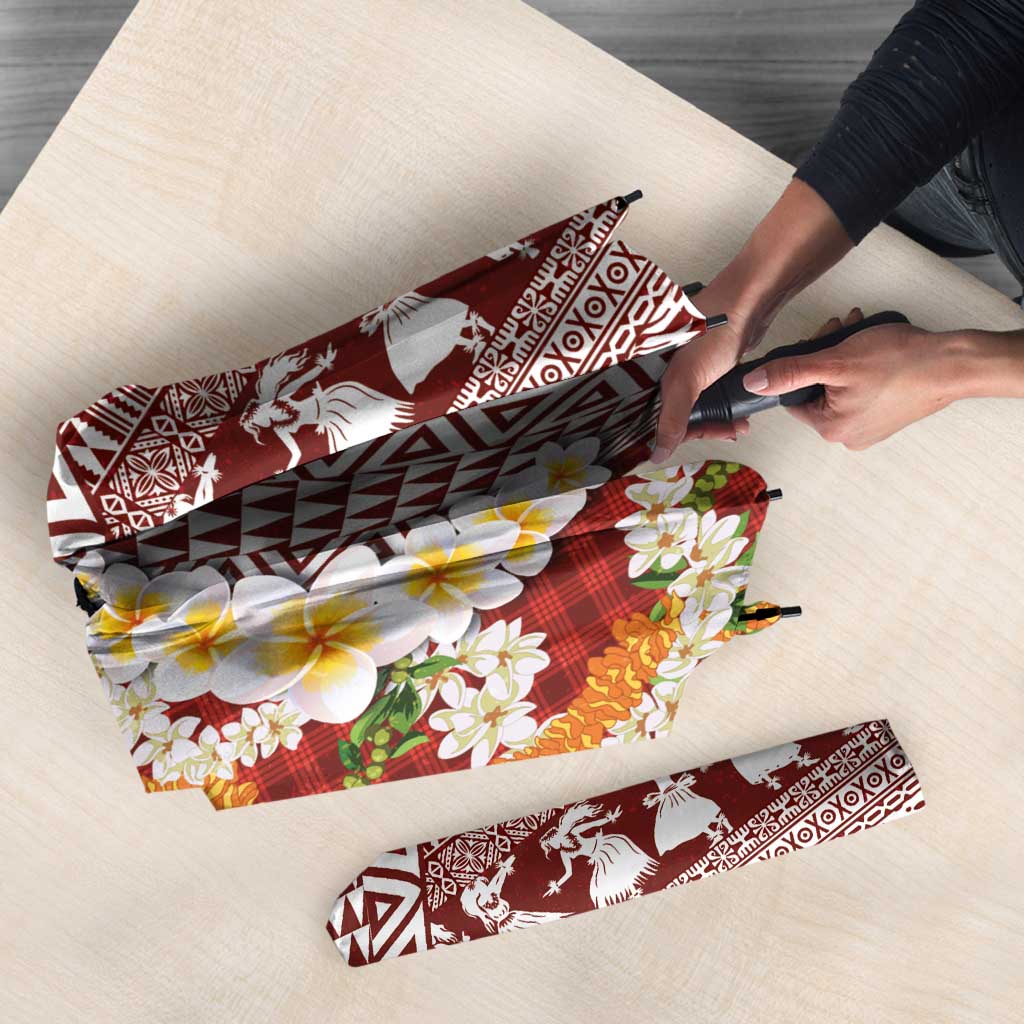 Hawaiian Plumeria Lei Umbrella Kakau Motifs and Palaka Half Style Red Color LT03 - Polynesian Pride