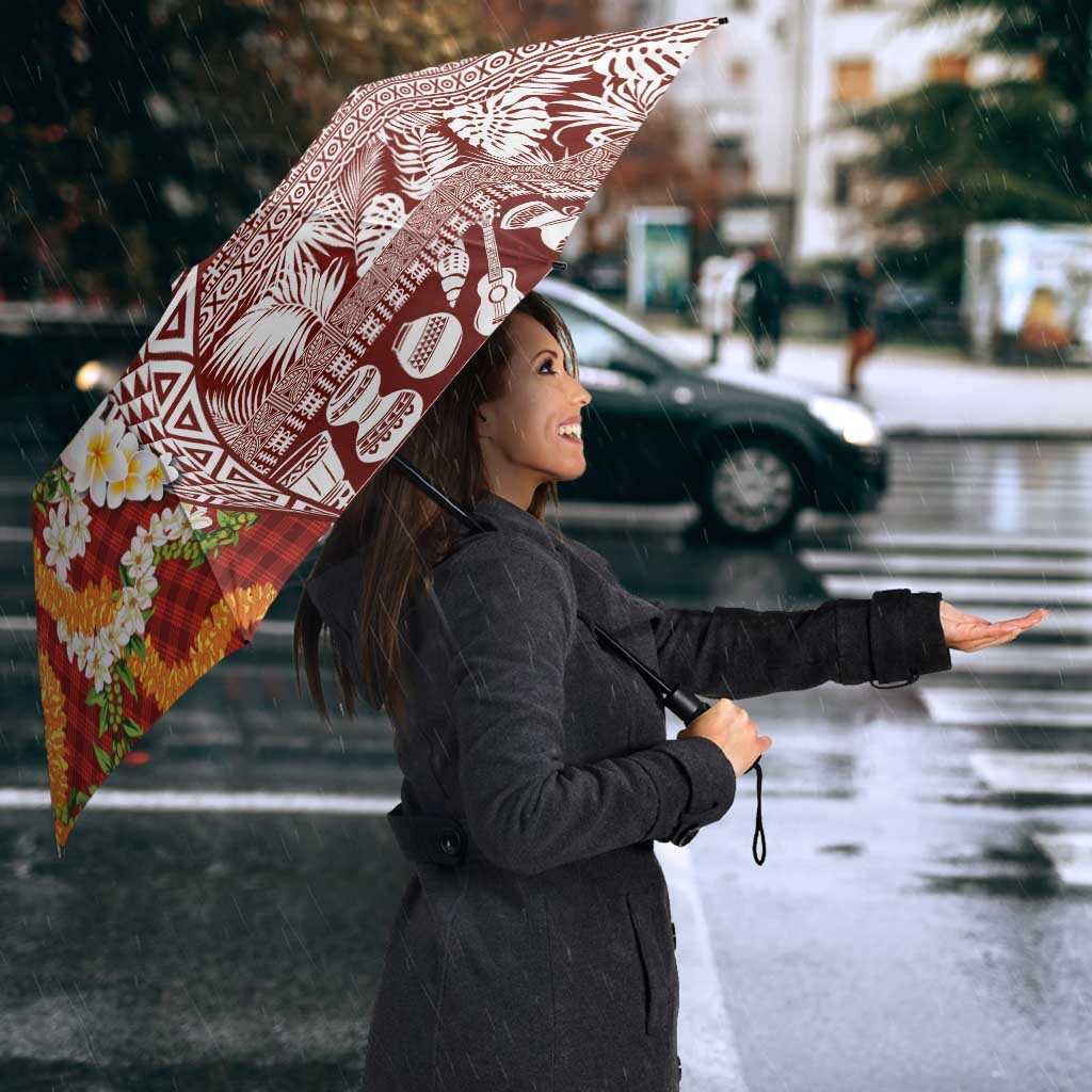 Hawaiian Plumeria Lei Umbrella Kakau Motifs and Palaka Half Style Red Color LT03 - Polynesian Pride