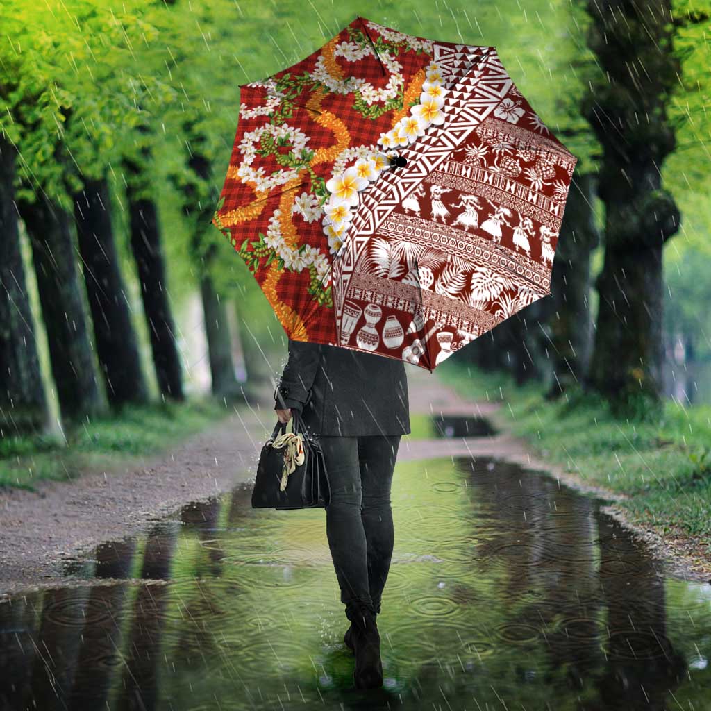 Hawaiian Plumeria Lei Umbrella Kakau Motifs and Palaka Half Style Red Color LT03 - Polynesian Pride