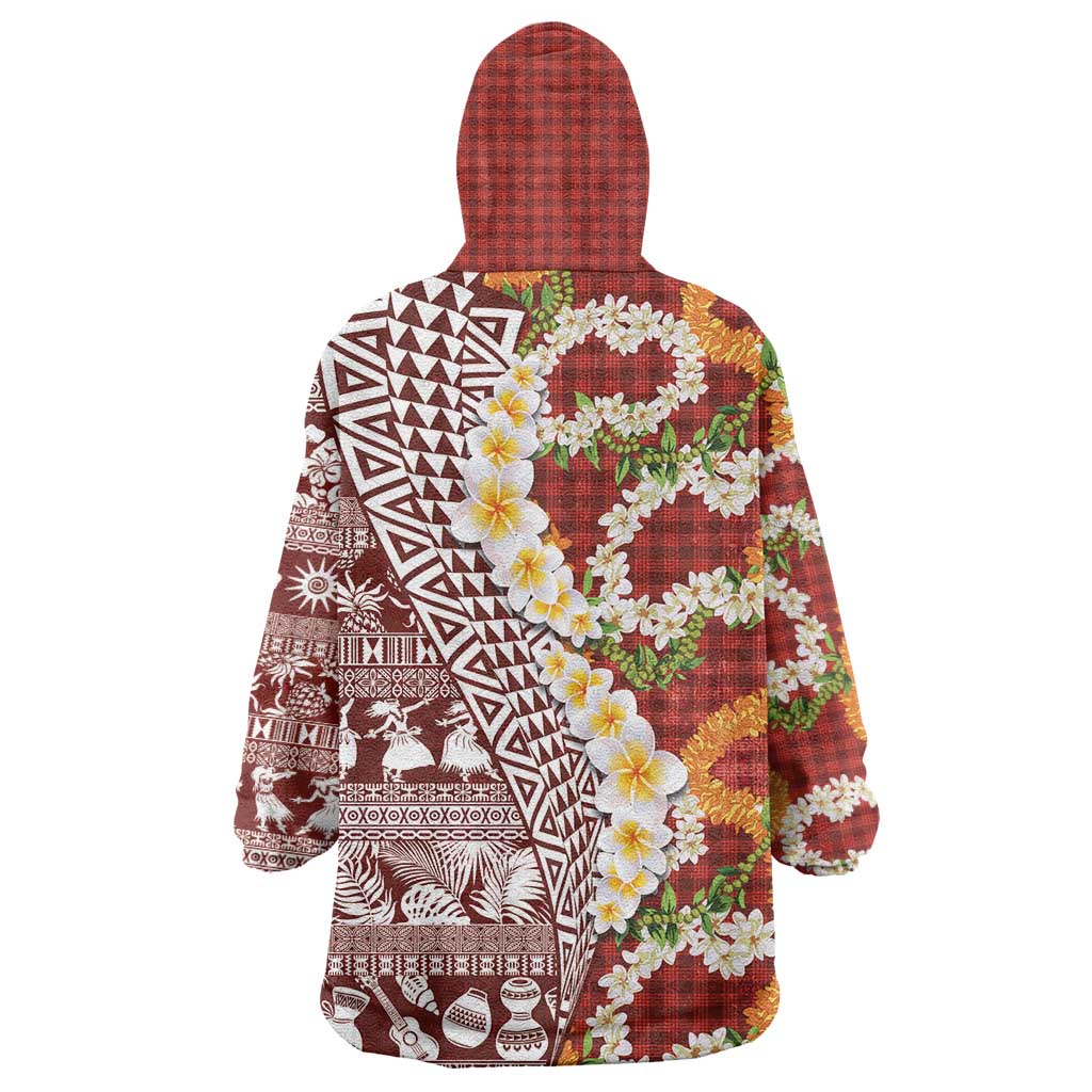Hawaiian Plumeria Lei Wearable Blanket Hoodie Kakau Motifs and Palaka Half Style Red Color - Polynesian Pride