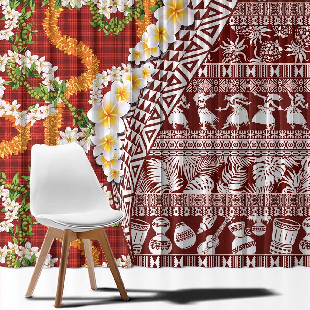 Hawaiian Plumeria Lei Window Curtain Kakau Motifs and Palaka Half Style Red Color LT03 - Polynesian Pride