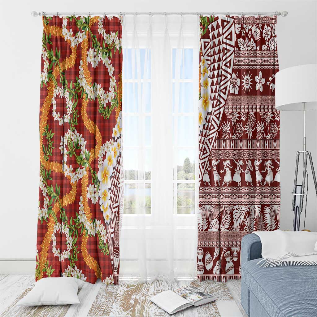 Hawaiian Plumeria Lei Window Curtain Kakau Motifs and Palaka Half Style Red Color LT03 - Polynesian Pride