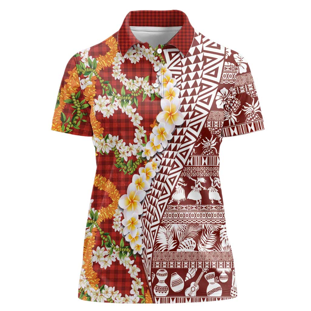 Hawaiian Plumeria Lei Women Polo Shirt Kakau Motifs and Palaka Half Style Red Color LT03 Female Red - Polynesian Pride