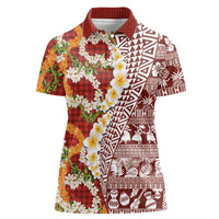Hawaiian Plumeria Lei Women Polo Shirt Kakau Motifs and Palaka Half Style Red Color LT03 Female Red - Polynesian Pride
