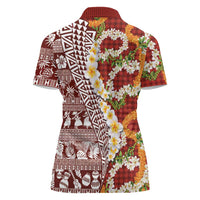 Hawaiian Plumeria Lei Women Polo Shirt Kakau Motifs and Palaka Half Style Red Color LT03 - Polynesian Pride
