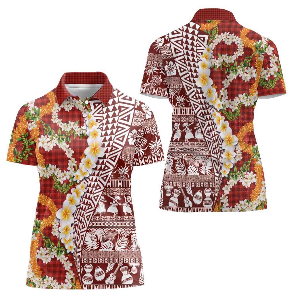 Hawaiian Plumeria Lei Women Polo Shirt Kakau Motifs and Palaka Half Style Red Color LT03 - Polynesian Pride