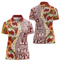 Hawaiian Plumeria Lei Women Polo Shirt Kakau Motifs and Palaka Half Style Red Color LT03 - Polynesian Pride