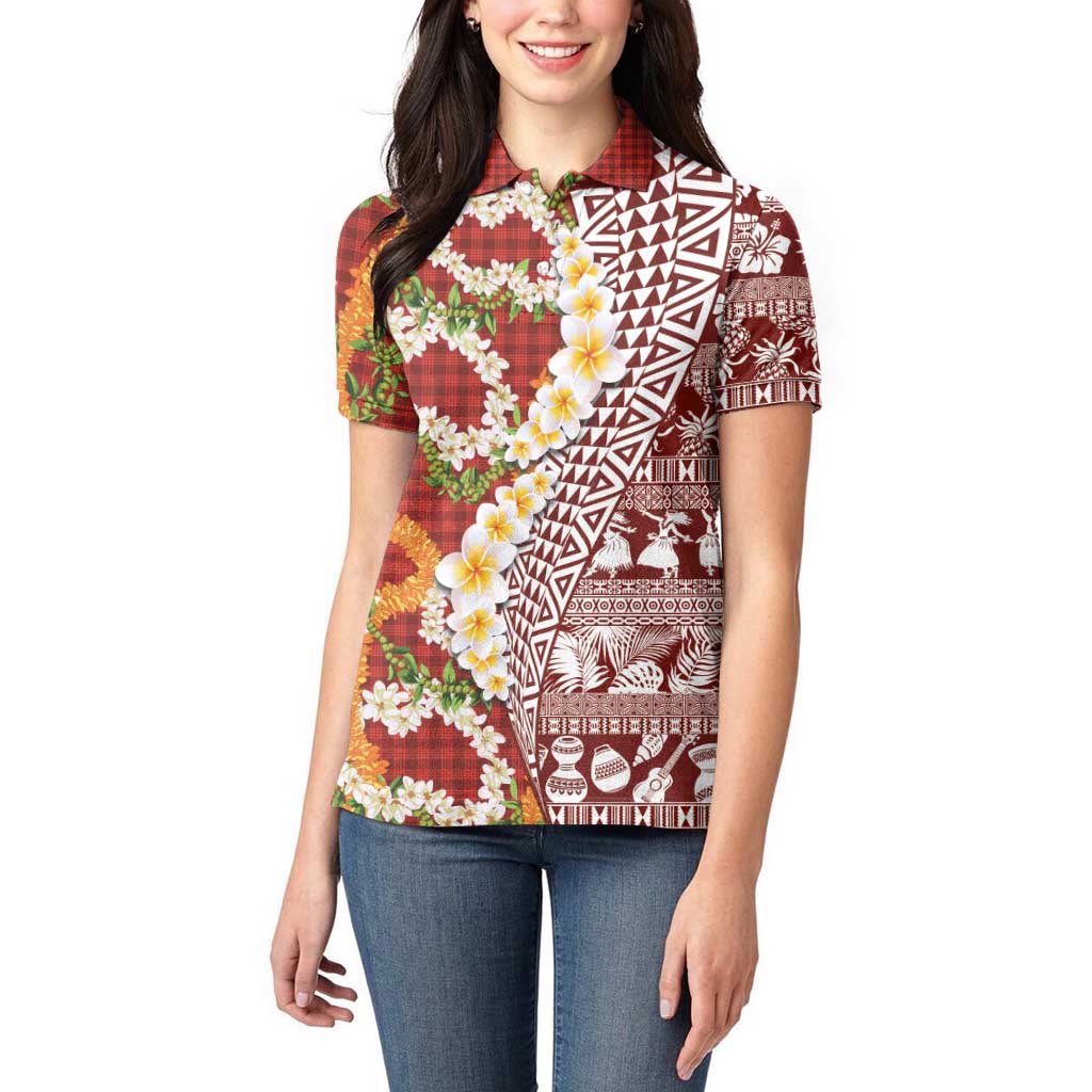Hawaiian Plumeria Lei Women Polo Shirt Kakau Motifs and Palaka Half Style Red Color LT03 - Polynesian Pride