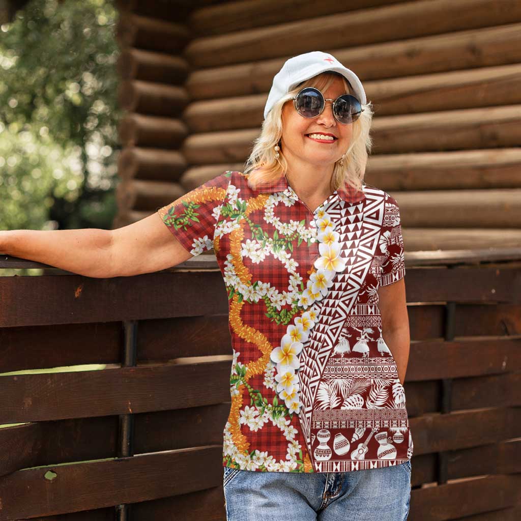 Hawaiian Plumeria Lei Women Polo Shirt Kakau Motifs and Palaka Half Style Red Color LT03 - Polynesian Pride