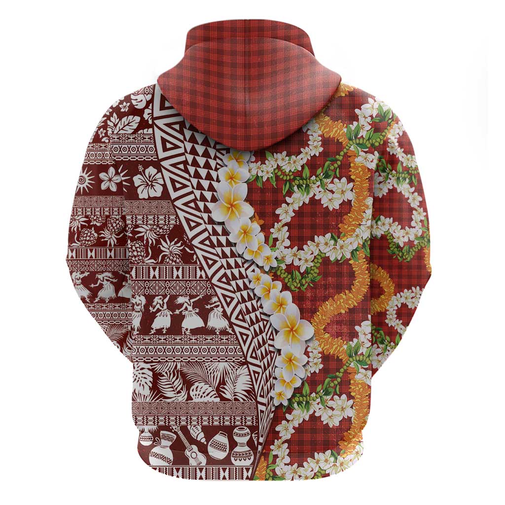 Hawaiian Plumeria Lei Zip Hoodie Kakau Motifs and Palaka Half Style Red Color LT03 - Polynesian Pride