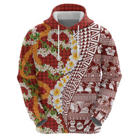 Hawaiian Plumeria Lei Zip Hoodie Kakau Motifs and Palaka Half Style Red Color LT03 - Polynesian Pride