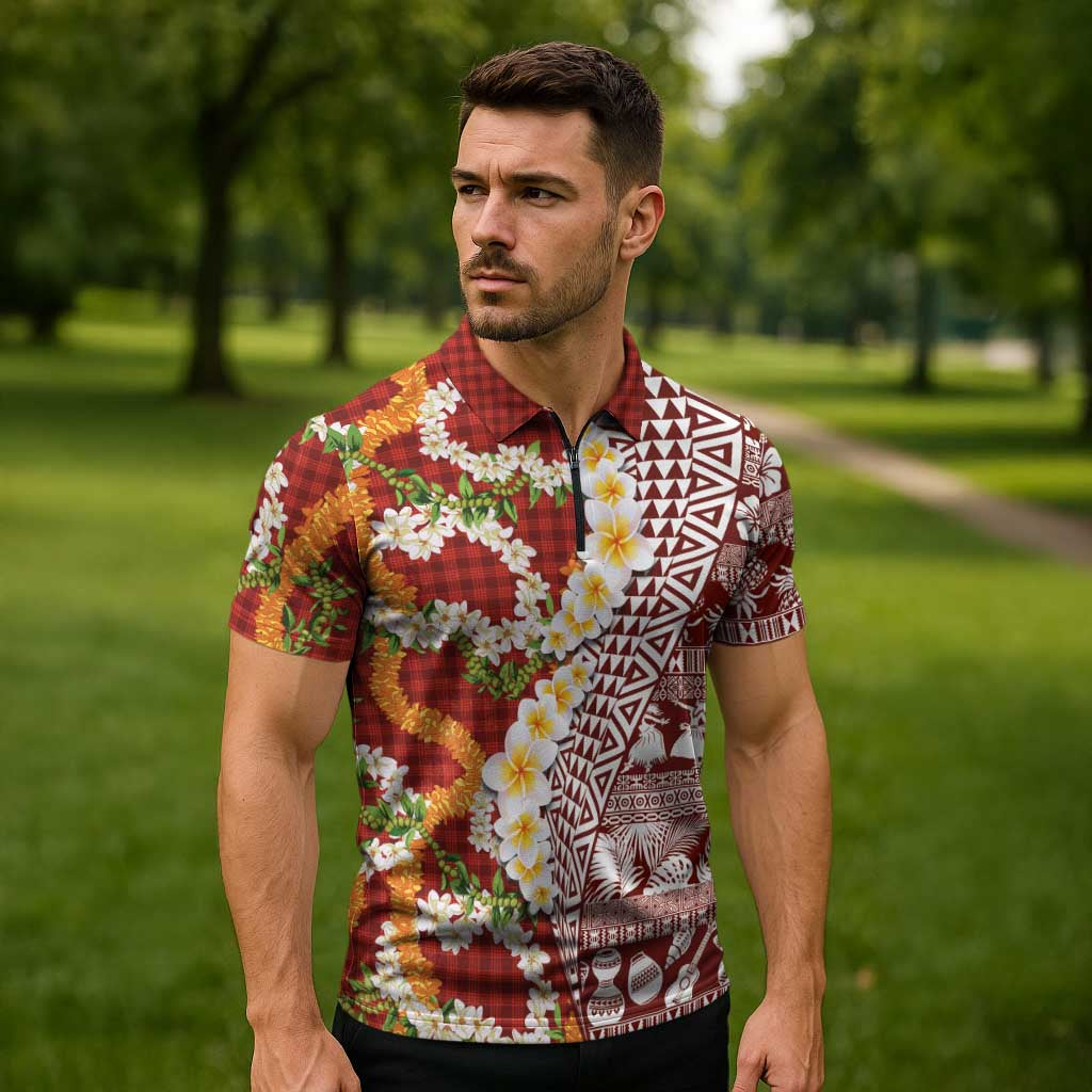 Hawaiian Plumeria Lei Zipper Polo Shirt Kakau Motifs and Palaka Half Style Red Color - Polynesian Pride