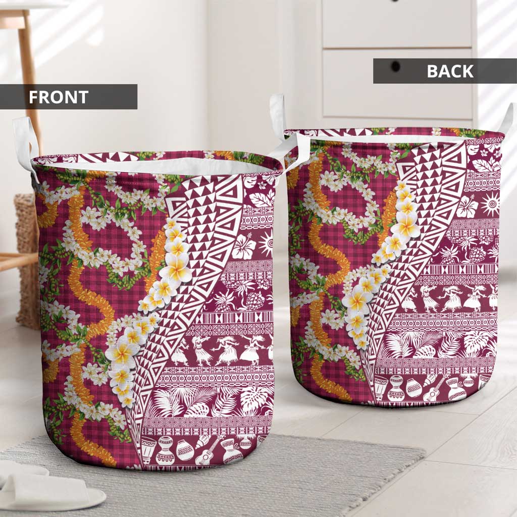 Hawaiian Plumeria Lei Laundry Basket Kakau Motifs and Palaka Half Style Pink Color - Polynesian Pride