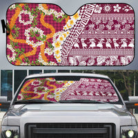 Hawaiian Plumeria Lei Auto Sun Shade Kakau Motifs and Palaka Half Style Pink Color - Polynesian Pride