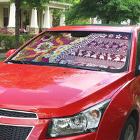 Hawaiian Plumeria Lei Auto Sun Shade Kakau Motifs and Palaka Half Style Pink Color - Polynesian Pride