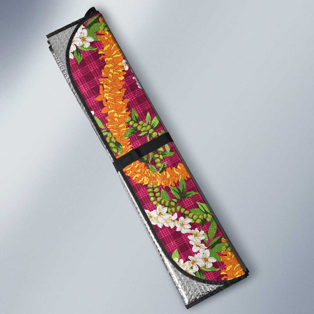 Hawaiian Plumeria Lei Auto Sun Shade Kakau Motifs and Palaka Half Style Pink Color - Polynesian Pride