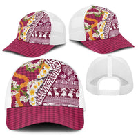Hawaiian Plumeria Lei Baseball Net Cap Kakau Motifs and Palaka Half Style Pink Color - Polynesian Pride