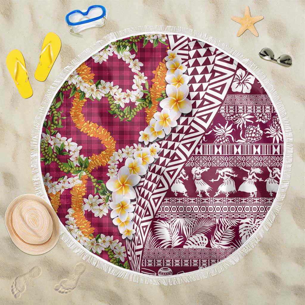 Hawaiian Plumeria Lei Beach Blanket Kakau Motifs and Palaka Half Style Pink Color LT03 One Size 150cm Pink - Polynesian Pride