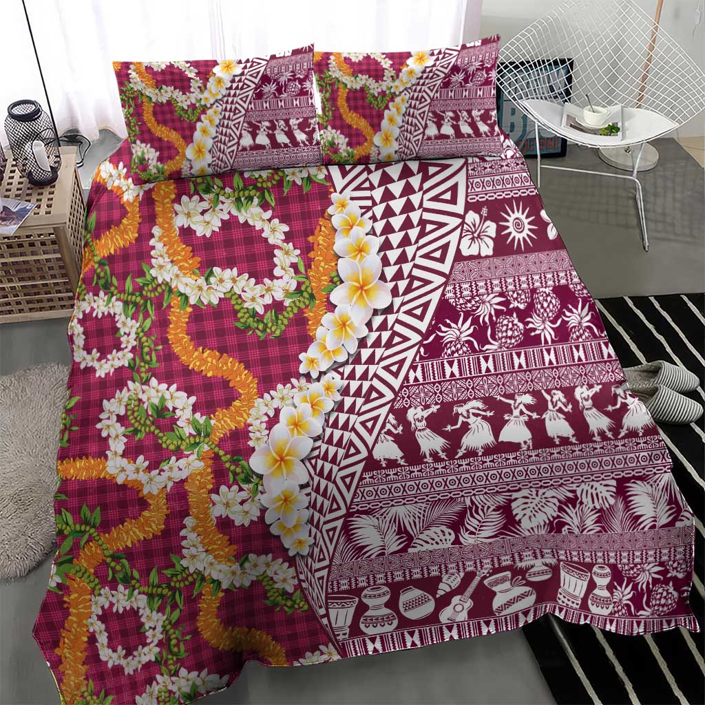 Hawaiian Plumeria Lei Bedding Set Kakau Motifs and Palaka Half Style Pink Color LT03 - Polynesian Pride