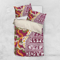 Hawaiian Plumeria Lei Bedding Set Kakau Motifs and Palaka Half Style Pink Color LT03 US Twin 172cm x 218cm Pink - Polynesian Pride