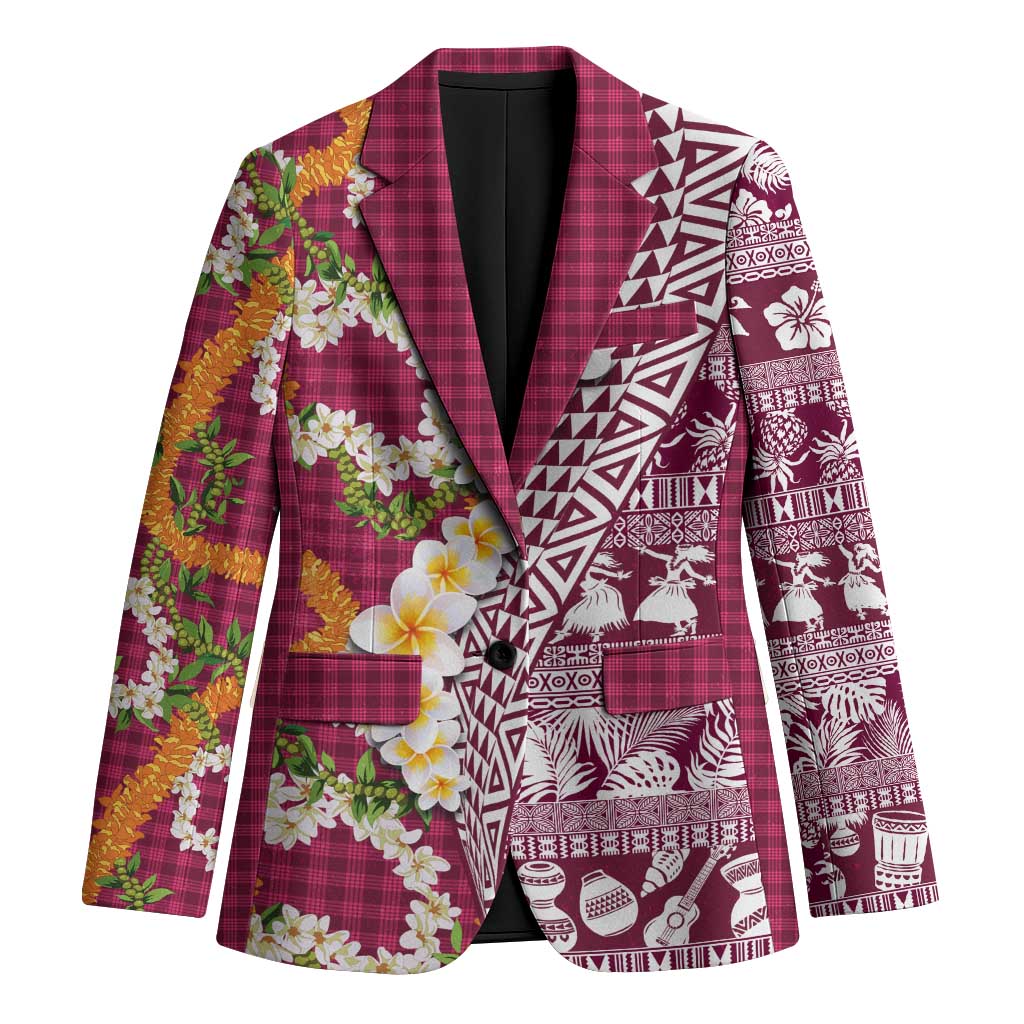 Hawaiian Plumeria Lei Blazer Kakau Motifs and Palaka Half Style Pink Color LT03 Unisex Pink - Polynesian Pride