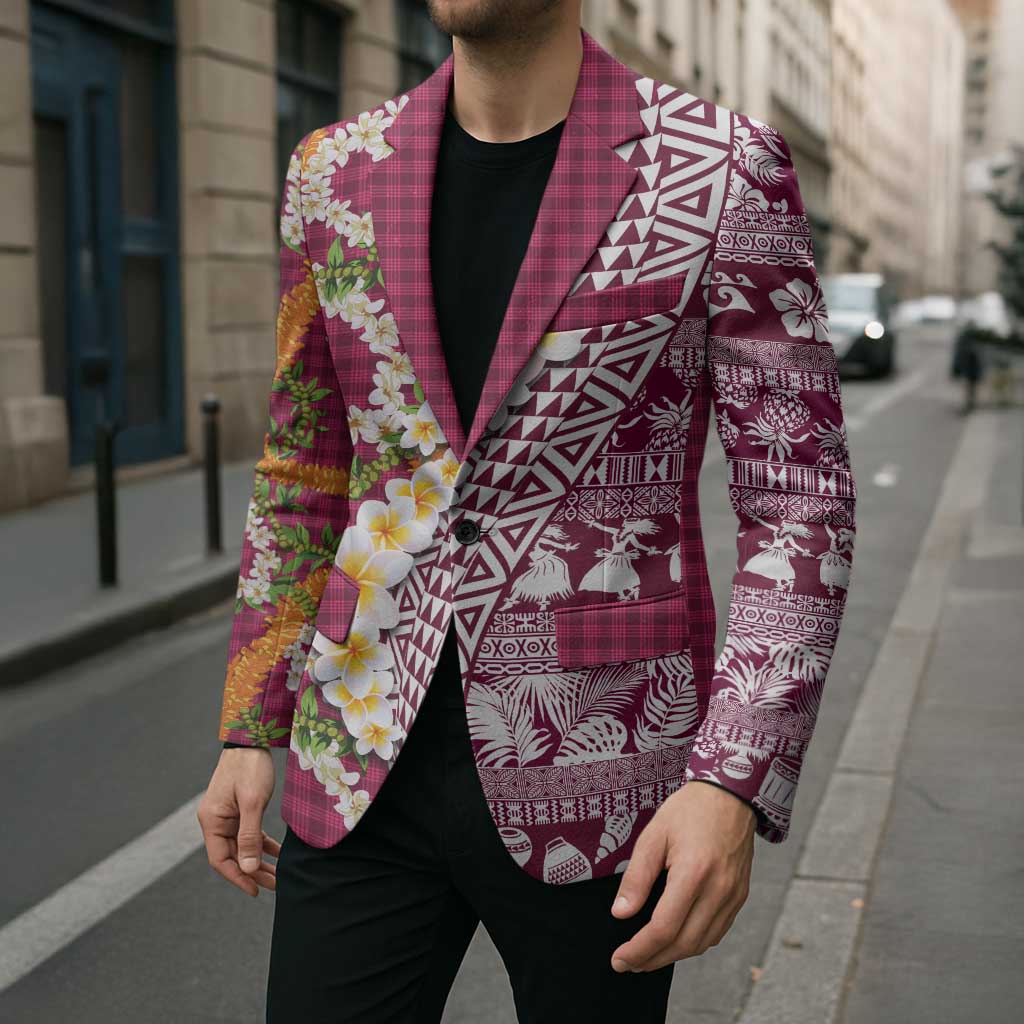 Hawaiian Plumeria Lei Blazer Kakau Motifs and Palaka Half Style Pink Color LT03 - Polynesian Pride