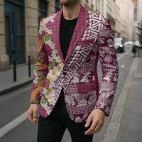 Hawaiian Plumeria Lei Blazer Kakau Motifs and Palaka Half Style Pink Color LT03 - Polynesian Pride