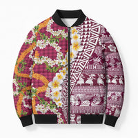 Hawaiian Plumeria Lei Bomber Puffer Jacket Kakau Motifs and Palaka Half Style Pink Color LT03 Unisex Pink - Polynesian Pride