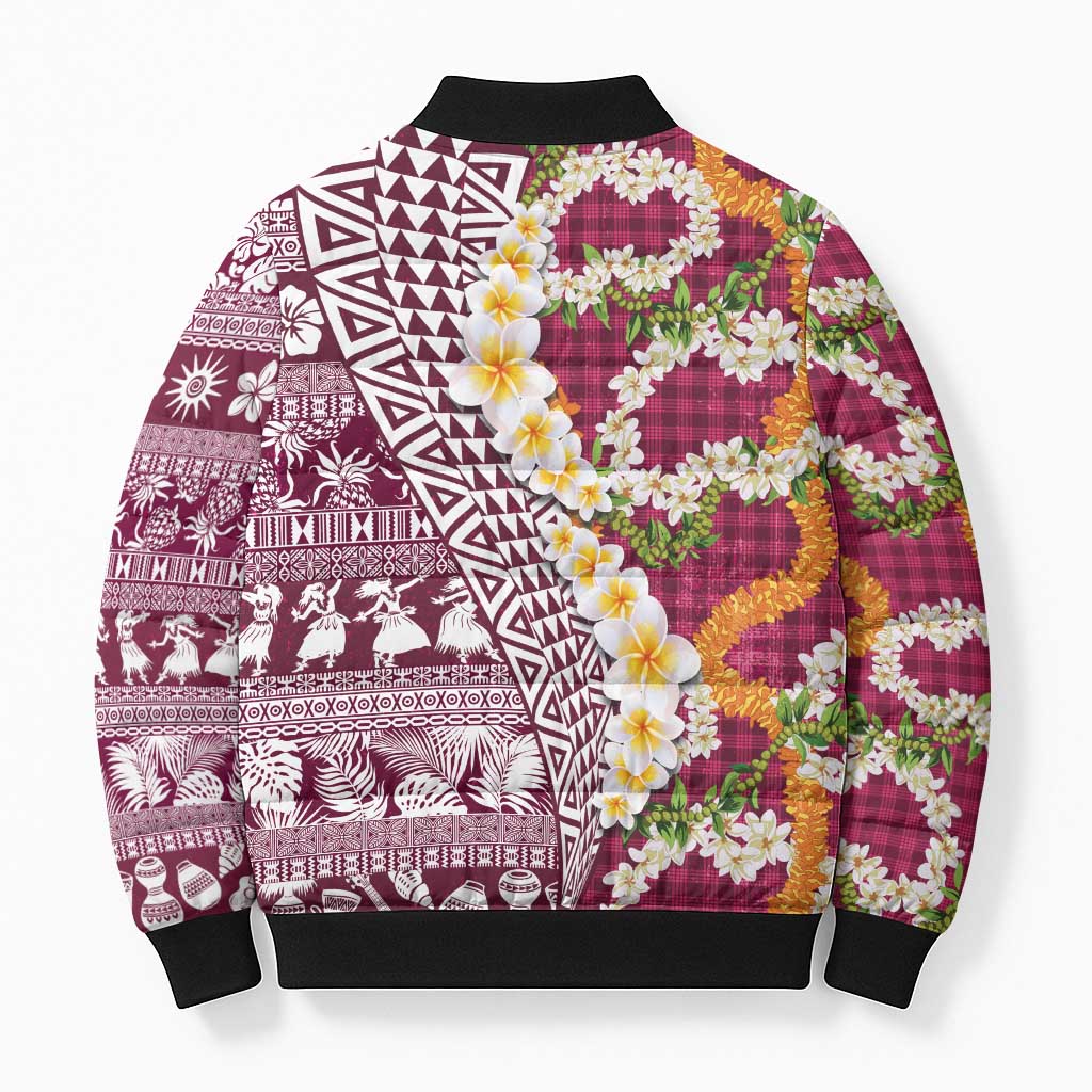 Hawaiian Plumeria Lei Bomber Puffer Jacket Kakau Motifs and Palaka Half Style Pink Color LT03 - Polynesian Pride