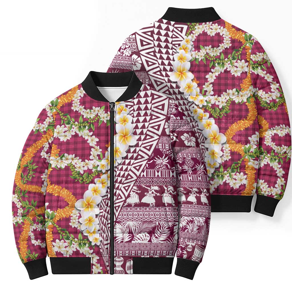 Hawaiian Plumeria Lei Bomber Puffer Jacket Kakau Motifs and Palaka Half Style Pink Color LT03 - Polynesian Pride