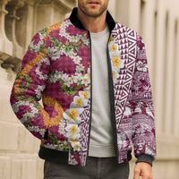 Hawaiian Plumeria Lei Bomber Puffer Jacket Kakau Motifs and Palaka Half Style Pink Color LT03 - Polynesian Pride