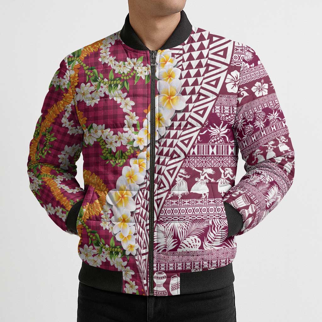 Hawaiian Plumeria Lei Bomber Puffer Jacket Kakau Motifs and Palaka Half Style Pink Color LT03 - Polynesian Pride