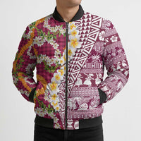 Hawaiian Plumeria Lei Bomber Puffer Jacket Kakau Motifs and Palaka Half Style Pink Color LT03 - Polynesian Pride